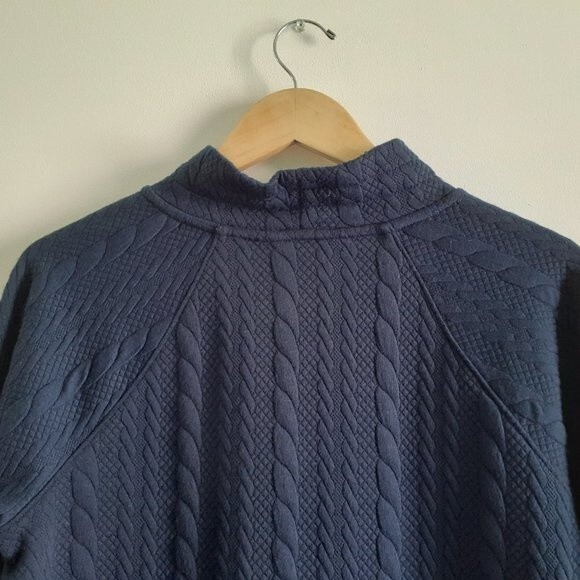 VTG. Liz Claiborne Navy Drawstring Kangaroo Pocket Cable Mockneck Sweater M - Picture 3 of 11